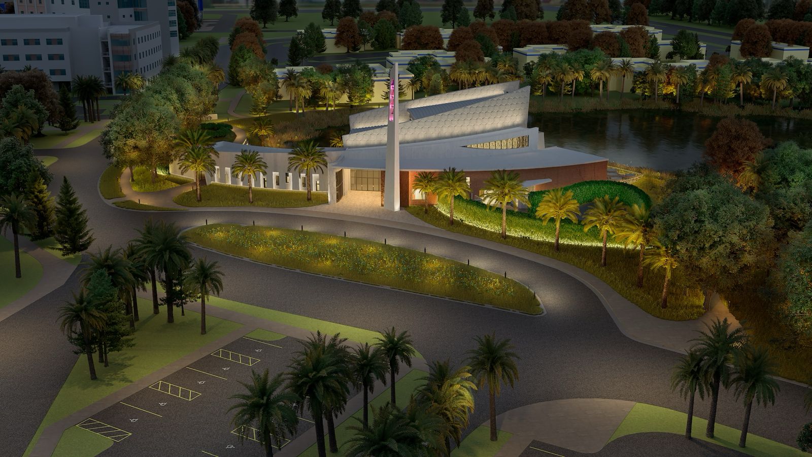 A render of the lighting design of Trish And Dan Bell Chapel FIU